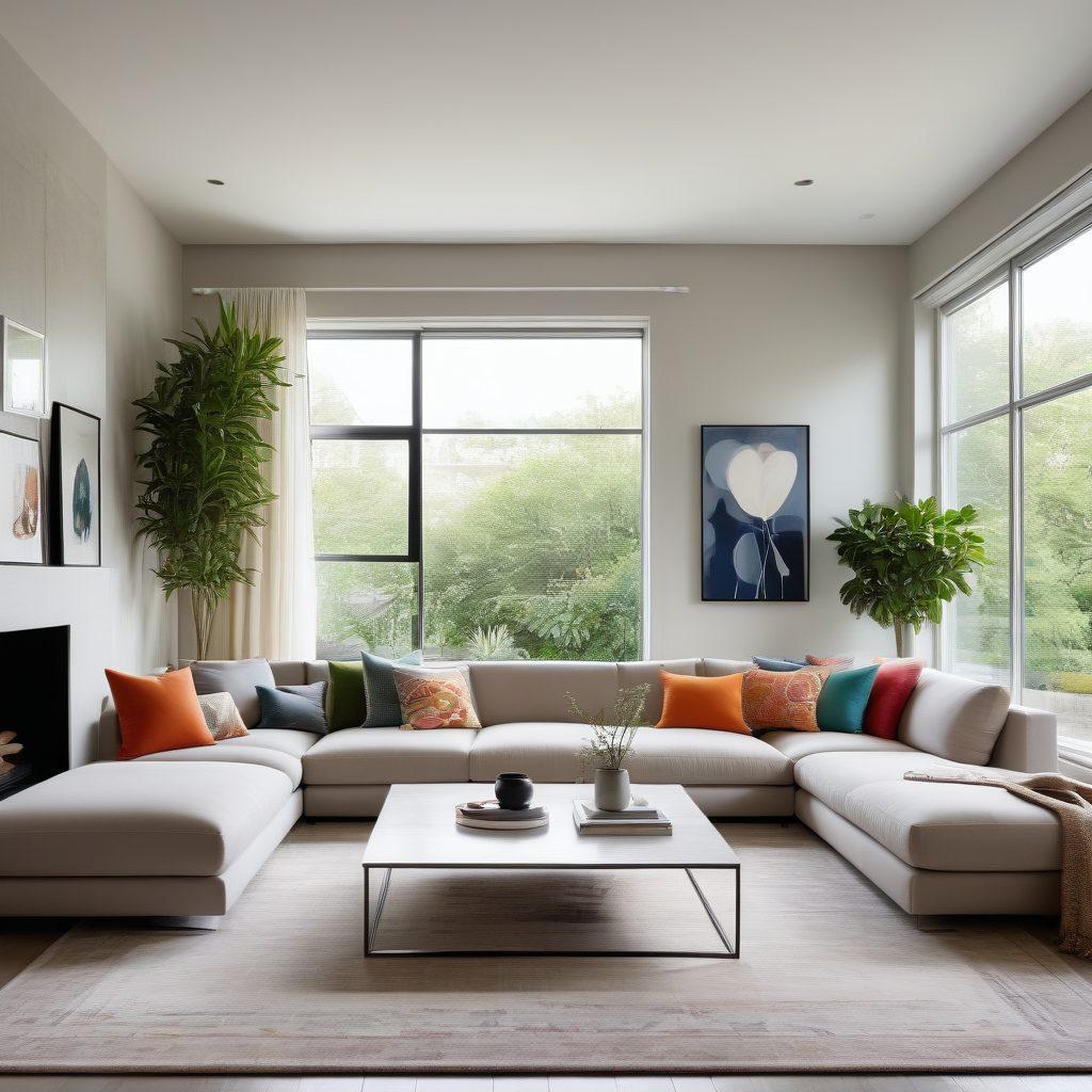 A sleek, modern living room showcasing contemporary minimalist furniture, featuring a stylish sofa, a geometric coffee table, and vibrant indoor plants. Large windows allow natural light to stream in, highlighting the spaciousness and open layout of the room. The color palette is neutral with pops of color from artwork on the walls. Emphasize clean lines and a clutter-free aesthetic. super-realistic. vibrant colors.