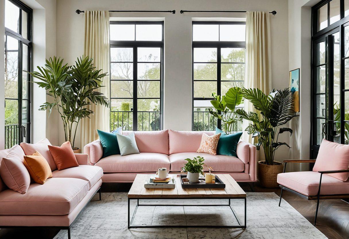 A beautifully styled modern living room showcasing top furniture trends: an elegant sofa, unique coffee table, and vibrant plants. Incorporate a mix of textures like wood, metal, and soft fabrics with stylish decor elements like artwork and lighting fixtures. Include a large window allowing natural light to flood in, creating a warm and inviting atmosphere. The color palette should be trendy with soft pastels and bold accents. super-realistic. vibrant colors. natural setting.