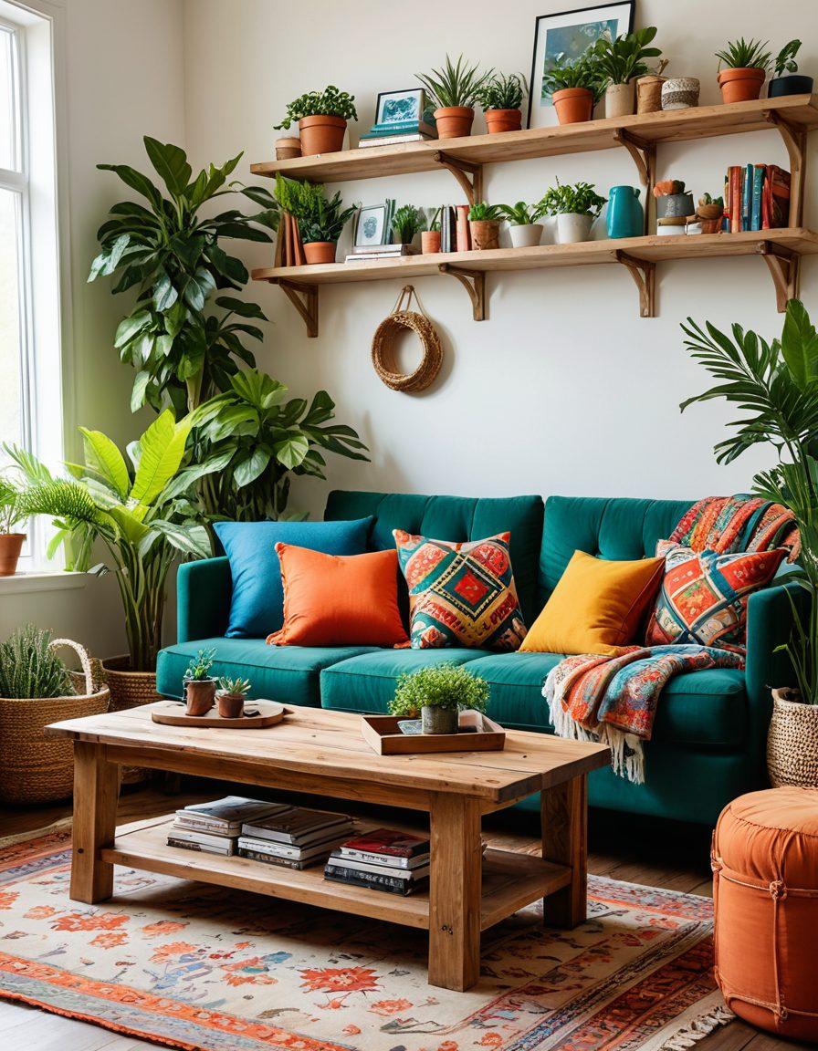 A cozy home interior showcasing DIY furniture solutions, featuring creative and budget-friendly decor ideas. Include handmade wooden pieces, colorful throw pillows, and plants to create an inviting atmosphere. Show a vibrant workspace with tools and materials for crafting furniture, emphasizing personalization and creativity. The scene should feel warm and practical, embodying the spirit of budget-friendly styling. super-realistic. vibrant colors. natural light.